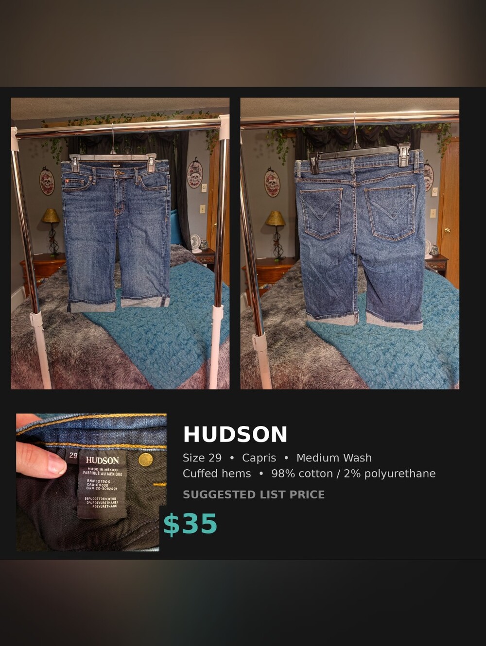 HUDSON Women's 29 Denim Capris Medium Wash Cuffed Hems